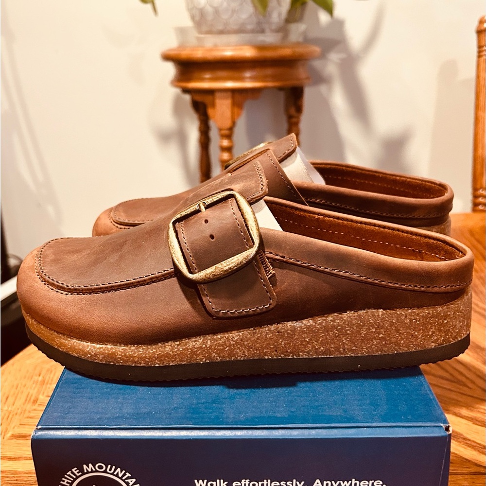 Brown Leather Slip-On Clogs with Buckle